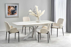MASA DINING EXTENSIBILA STIL VIVALDI, CU EFECT DE MARMURA ALBA/ALB, 160/200 CM, DIN CERAMICA SI METAL, STIL MODERN