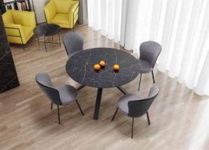 MASA DINING EXTENSIBILA VERTIGO, CU EFECT DE MARMURA NEAGRA/NEGRU, 130/180 CM, DIN MDF, STICLA SI METAL, STIL MODERN - Img 5