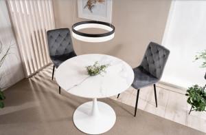 MASA DINING/LIVING, 90 CM, EFECT DE MARMURA ALBA/ALB, BLAT DIN CERAMICA SI PICIOR DIN METAL, STIL MODERN - Img 3
