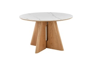 MASA DINING ROTUNDA ORGANIKO 120CM, REALIZATA DIN MATERIAL LEMNOS, FURNIR SI BLAT CERAMIC, CULOARE MARMURA ALBA/STEJAR, INVICTA INTERIOR