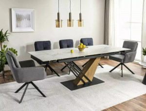 MASA EXTENSIBILA 180/240 CM, EFECT DE MARMURA ALBA/STEJAR/NEGRU MAT, DIN CERAMICA, MDF SI METAL, STIL MODERN