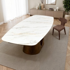 Masă extensibilă de mari dimensiuni Onice Marble Copper, metal vopsit și ceramică cu grosimea de 11 mm, blat din marmură onix mat, bază din cupru mat. Î. 76,5 x A. 100 x L. 200/250/300 cm - Img 8