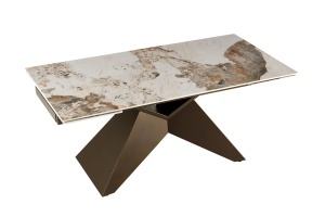 MASA EXTENSIBILA DINING DIAMOND 180/220/260CM, REALIZATA DIN METAL SI CERAMICA PANDORA, CU ASPECT DE MARMURA ALB/MARO SI CULOARE BRONZ
