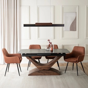 MASA EXTENSIBILA DOLCE, ARTIM MEBLE 160/200CM, BLAT DIN CERAMICA SI FURNIR, CULOARE MARMURA NEAGRA/NUC, STIL MODERN - Img 6