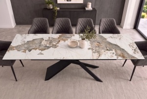 MASA EXTENSIBILA EUPHORIA 180-260CM, REALIZATA DIN METAL SI BLAT STICLA SI CERAMICA, DE CULOARE MARMURA ALB GRI - Img 3