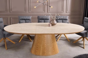 Masă extensibilă UNIQUE (160–200 cm) cu aspect de stejar și blat ceramic din travertin