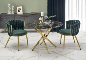 MASA LIVING RAYMOND 2, EFECT DE MARMURA NEAGRA/AURIU, 100 CM, BLAT DIN STICLA SI PICIOARE DIN METAL, STIL MODERN