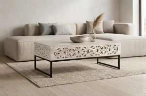 MASUTA CAFEA MYKONOS 110CM, REALIZATA DIN LEMN DE MANGO SI METAL, CULOARE ALB ANTICHIZAT, GINER Y COLOMER