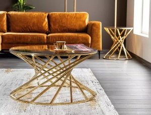 MASUTA DE CAFEA OTTAVIA A, 80 CM, CHIHLIMBAR/AURIU, BLAT DIN STICLA SECURIZATA SI CADRU DIN METAL, STIL MODERN