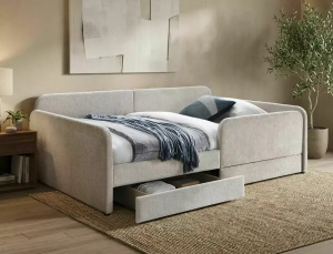 PAT DIVAN, CU SERTARE, STIL AMELIA, CU TAPITERIE DIN TEXTIL RAVEN BEJ 24 SI LAMELE CURBATE, STIL MODERN - Img 4