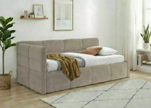 PAT DIVAN STIL EMMA, CU SOMIERA RABATABILA, 90X200 CM, BEJ INCHIS RAVEN 30, TAPITERIE DIN TEXTIL RAVEN, STIL MODERN