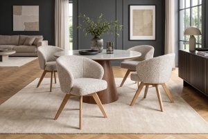 SET 2 SCAUNE ROTATIVE 180 GRADE, WALKURE, REALIZAT DIN LEMN DE STEJAR SI TEXTIL, CULOARE BEJ/NATUR - Img 12