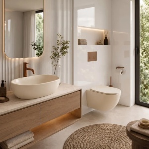 SET LAVOAR SI VAS WC FOCUS, MATERIAL CERAMICA SANITARA, DE CULOARE CREM - Img 6