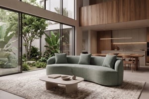 SOFA DEOSEBITA ATELIER 3 LOCURI 230CM, REALIZATA DIN LEMN MASIV SI TEXTIL BOUCLE, CULOARE VERDE GRI, INVICTA INTERIOR - Img 3