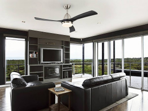 VENTILATOR ASPAS, CU TELECOMANDA, 45/55 CM, NICHEL SATINAT/NEGRU/OPAL, DIN METAL, LEMN SI STICLA, STIL MODERN - Img 1