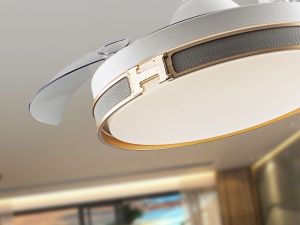 VENTILATOR HERON, CU TELECOMANDA, 39/52 CM, ALB MAT/AURIU/TRANSPARENT, DIN METAL, ACRIL SI PIELE ECOLOGICA, STIL MODERN - Img 4
