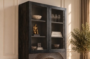 VITRINA LIVING GOLDEN SUNSET 180CM, MODEL 3D, REALIZAT DIN LEMN DE MANGO, STICLA SI PICIOARE DIN METAL, CULOARE NEGRU/AURIU - Img 8