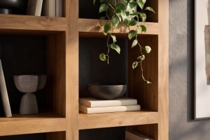 BIBLIOTECA LIVING MAKASSAR 180CM, 8 COMPARTIMENTE, REALIZATA DIN LEMN DE MANGO, CULOARE MARO NATUR - Img 6