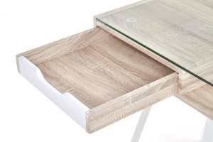 BIROU B33, STEJAR SONOMA/ALB, DIN MDF FURNIRUIT, STICLA SI PICIOARE DIN METAL, STIL MODERN - Img 6