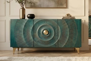 BUFET LIVING GOLDEN SUNSET 140CM, REALIZAT DIN LEMN DE MANGO, DE CULOARE TURCOAZ/AURIU, MODEL 3D, ARTIM GROUP - Img 10