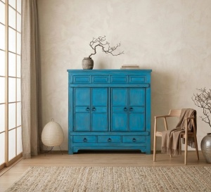 BUFET LIVING VIORA 110CM, REALIZAT DIN LEMN DE MANGO, CULOARE ALBASTRU, STIL RUSTIC VINTAGE, GINER Y COLOMER - Img 2