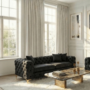 CANAPEA DEOSEBITA 3 LOCURI, ARTIM MEBLE, MATERIAL TEXTIL( CATIFEA) SI SUPORT METALIC, CULOARE NEAGRA/AURIU, STIL MODERN - Img 2