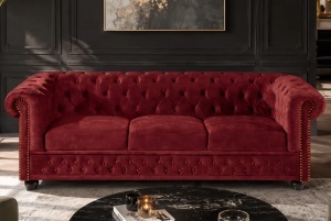 CANAPEA ELEGANTA CHESTERFIELD 205CM, DIN LEMN SI TEXTIL CATIFEA, CULOARE ROSIE, INVICTA INTERIOR - Img 7
