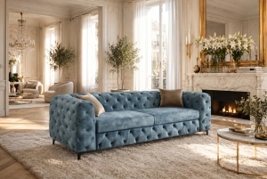 CANAPEA ELEGANTA CHESTERFIELD 235CM, DIN LEMN SI TEXTIL CATIFEA, CULOARE ALBASTRU, INVICTA INTERIOR - Img 5