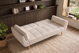 CANAPEA EXTENSIBILA BOUTIQUE 215CM, 3 LOCURI, REALIZAT DIN LEMN SI CATIFEA RAIAT, CULOARE BEJ - Img 2