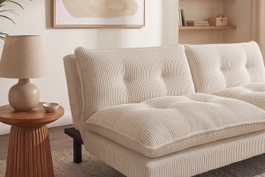 CANAPEA EXTENSIBILA COCO 190CM, 3 LOCURI, REALIZATA DIN LEMN SI CATIFEA RAIATA, DE CULOARE BEJ, ARTIM GROUP - Img 3