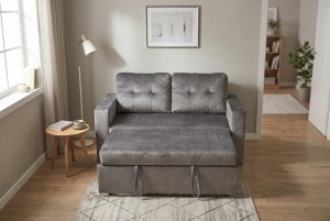 CANAPEA EXTENSIBILA DE APARTAMENT, SMART 140CM, 2 LOCURI, DIN LEMN SI MATERIAL CATIFEA, CULOARE GRI, INVICTA INTERIOR - Img 4