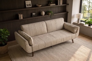 CANAPEA EXTENSIBILA DIVANI 220CM, 3 LOCURI, REALIZAT DIN LEMN SI TEXTIL CATIFEA, CULOARE BEJ - Img 6