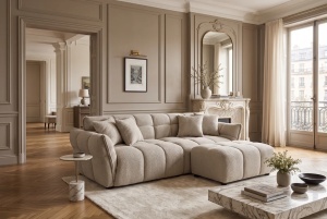 CANAPEA LIVING CLOUD 260CM, 3 LOCURI, REALIZAT DIN LEMN SI MATERIAL TEXTIL BOUCLE, CULOARE BEJ/GRI - Img 6