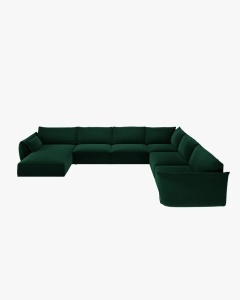 COLTAR CU 8 LOCURI, KAELLE, PE DREAPTA, 384 CM, VERDE SMARALD, TAPITAT CU TAPITERIE DIN TEXTIL CATIFEA BLUVEL, MICADONI