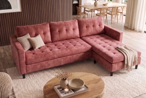 COLTAR MODERN STOCKHOLM 220CM, 3 LOCURI, CU SEZLONG, REALIZAT DIN TEXTIL FOARTE FIN- CATIFEA, CULOARE ROZ ANTICHIZAT - Img 9