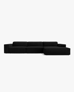 COLTAR PE DREAPTA JODIE, CU 4 LOCURI, 284X162 CM, ADANCIME SCAUN 62 CM, NEGRU, TAPITAT CU TAPITERIE DIN TEXTIL CATIFEA BLUVEL, MICADONI