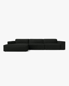 COLTAR PE STANGA JODIE, CU 4 LOCURI, 284X162 CM, ADANCIME SCAUN 62 CM, NEGRU, TAPITAT CU TAPITERIE DIN TEXTIL BOUCLE BALOO, MICADONI