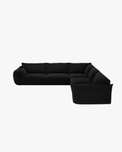 COLTAR SPATIOS SI CONFORTABIL KAELLE, 286 CM, CU 7 LOCURI, NEGRU, CU TAPITERIE DIN TEXTIL CATIFEA BLUVEL, MICADONI