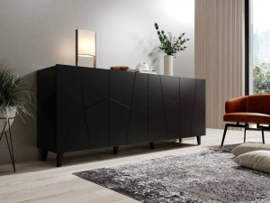 COMODA, CAMA-ETNA-KOM-CZ/CZ 200CM, DIN PLACI LAMINATE SI MDF, NEGRU MAT, DESIGN MODERN - Img 1