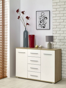 COMODA LIMA KM-4, ALB/STEJAR SONOMA, DIN PAL MELAMINAT, STIL MODERN - Img 2