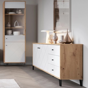 COMODA LIVING 183CM, ARTIM MEBLE, CU 2 USI SI 3 SERTARE, REALIZAT DIN MDF SI METAL, CULOARE ALB/STEJAR, STIL MODERN - Img 7