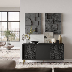 COMODA LIVING BULLET KM-1, 155X73 CM, NEGRU/AURIU, MDF LAMINAT, PAL SI METAL, STIL MODERN - Img 1