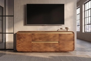 COMODA LIVING TV 160CM, REALIZATA DIN LEMN DE MANGO, DETALII AURII, CULOARE MARO/AURIU - Img 6