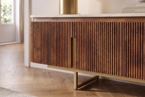 COMODA TV GATSBY 160CM, STIL RETRO, REALIZATA DIN LEMN MASIV DE MANGO SI TRAVERTIN, CULOARE MARO/AURIU, INVICTA INTERIOR - Img 6