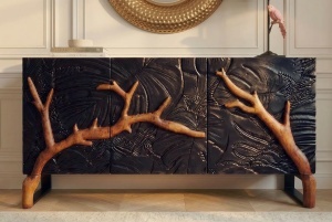 DULAP/BUFET LIVING, FOREST 160CM, REALIZAT DIN LEMN DE MANGO 3D SI METAL, CULOARE NEGRU/MARO, ARTIM GROUP SELECTION