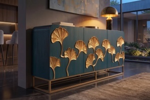 DULAP LIVING GINKO 160CM, REALIZAT DIN METAL SI LEMN DE MANGO 3D, DE CULOARE TURCOAZ/AURIU