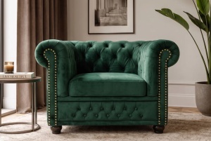 FOTOLIU CHESTERFIELD, REALIZAT DIN LEMN SI TEXTIL CATIFEA, CULOARE VERDE SMARALD, STIL CLASIC - Img 7
