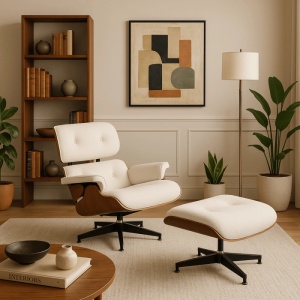 FOTOLIU CU TABURET LOUNGE, ARTIM, ALB BOUCLE, MATERIAL LEMNOS SI TEXTIL, STIL MODERN
