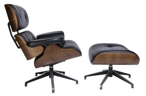 FOTOLIU CU TABURET LOUNGE, PIELE NATURALA ITALIANA SI LEMN, CULOARE NEGRU/NUC, STIL EAMES