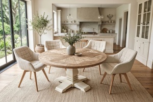 MASA DE SUFRAGERIE ROTUNDA HAMPTONS, 120CM, REALIZATA DIN LEMN DE PIN CONCORD, CULOARE MARO DESCHIS/CREM - Img 4
